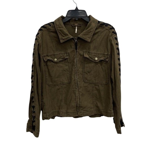Free People Jackets & Blazers - Free People Olive Green Lace Up Sleeve Utility Jacket Cotton XS Boho Military